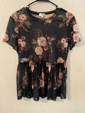 Black Floral Mesh Peplum Top with Pink and Cream Blooms